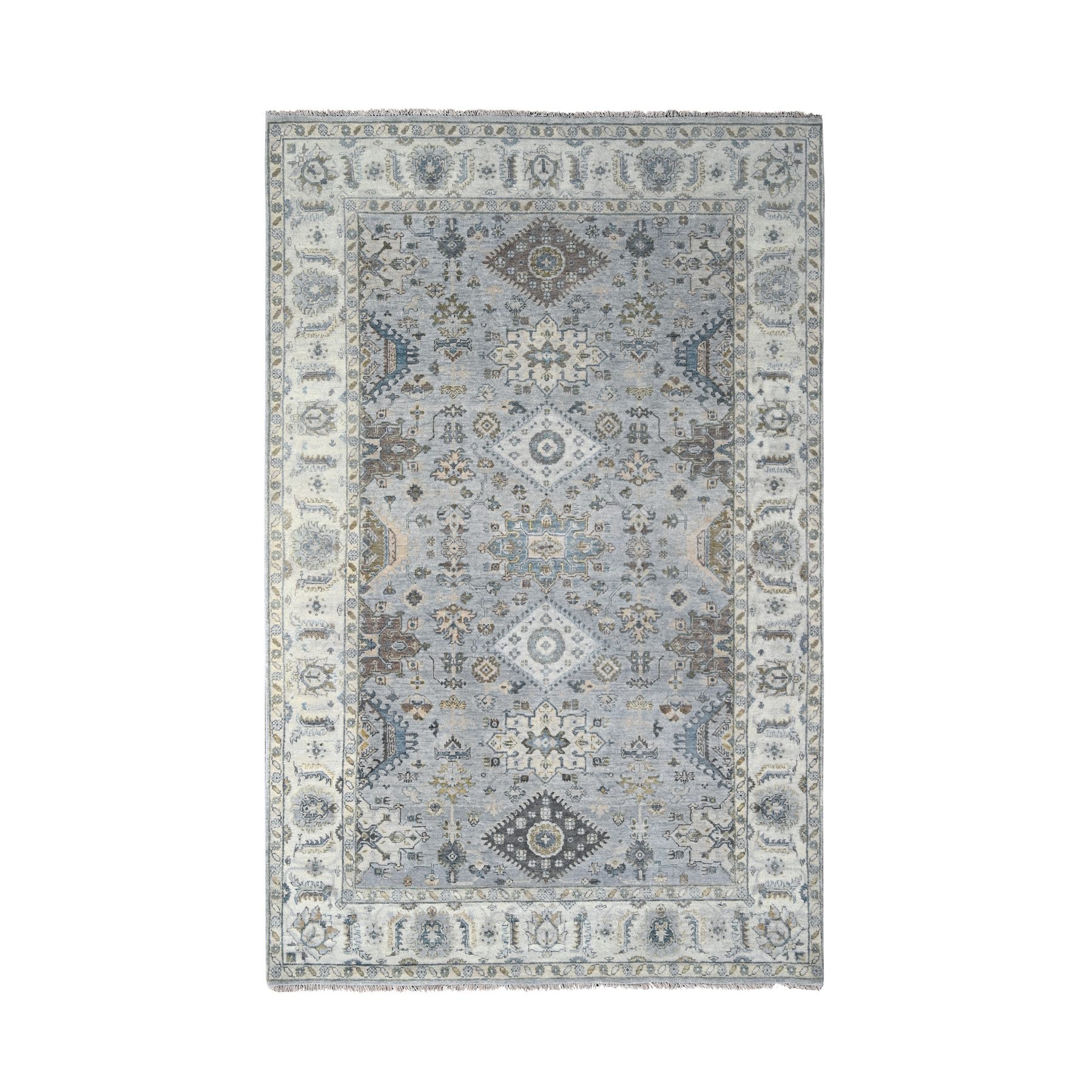 Misty Gray, Pure Wool, Hand Knotted, Karajeh Design with Geometric Medallions, Vegetable Dyes, Oriental Rug